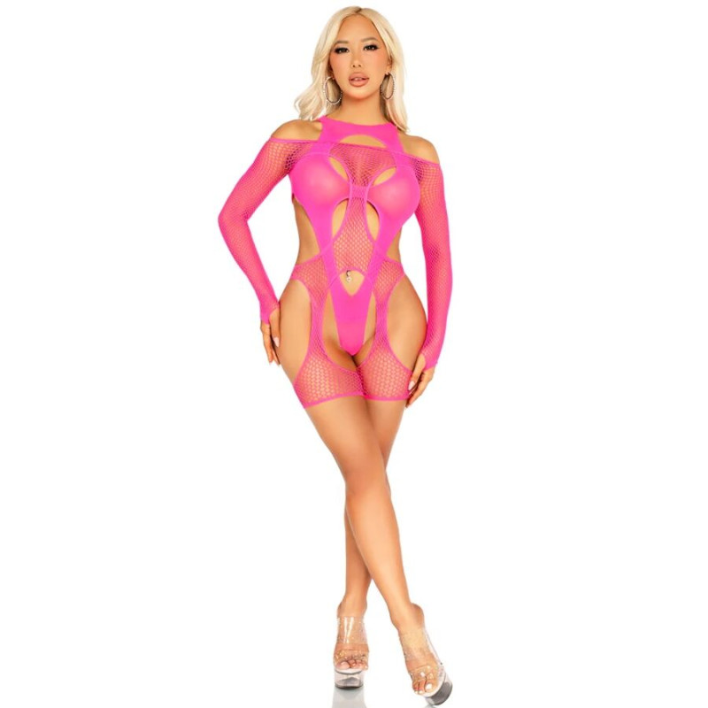 Leg Avenue - Bodystocking Réseille Avec Porte-Jarretelles Et Harnais Rose Fluo
